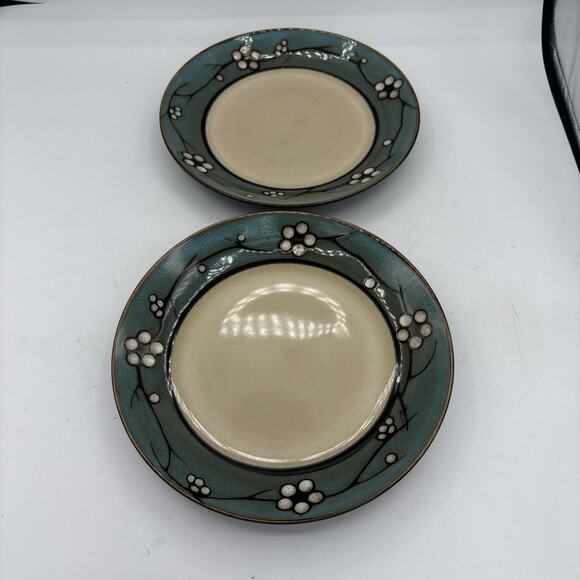 Pfaltzgraff Everyday Salad Plates Flora Teal 8.25" Raised Edge‎ Lot Set of 2 - Picture 1 of 8
